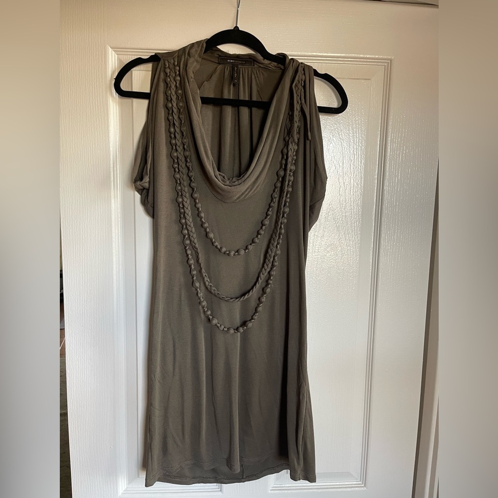 BCBG sage/army green tunic with beaded and braided detail